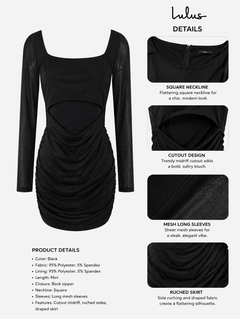 Lulu’s Women’s Black Long-Sleeve Cutout Bodycon Dress